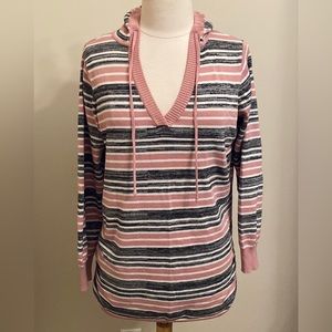 Lety & Me Pink Gray White Striped Knit Drawstring Hoodie Long Sleeve Top Size XL